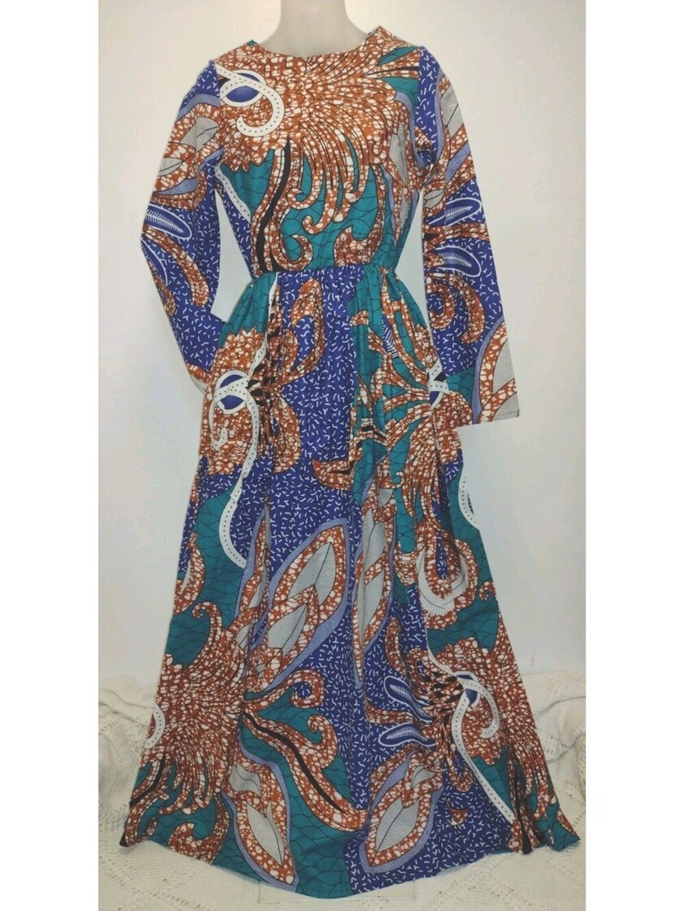 Grass-Fields African Print Ankara Maxi Dress Pockets Lined Boho Size 8